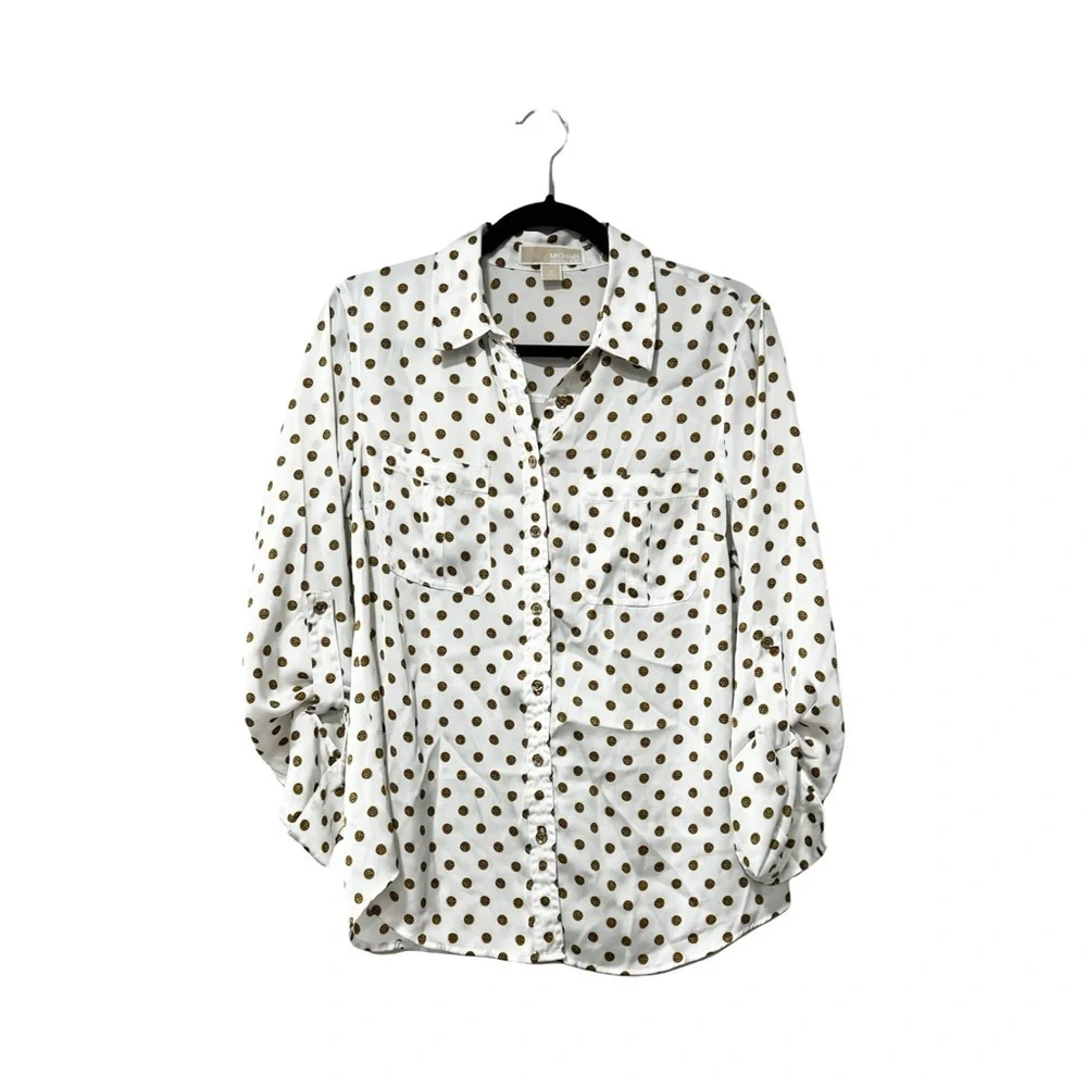 MICHAEL MICHAEL KORS Logo Polka Dot Satin White Button Down Sz 10